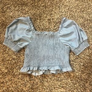 love riche denim colored cropped dress shirt